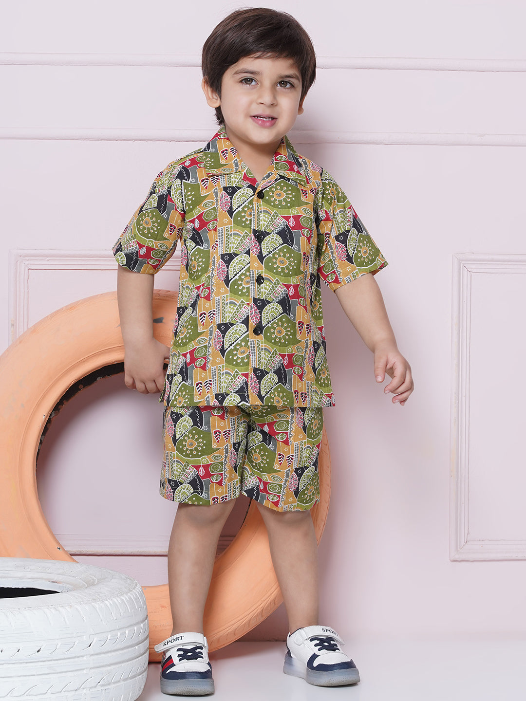 Kids Boys Green Floral Print Cotton CO-Ords Set