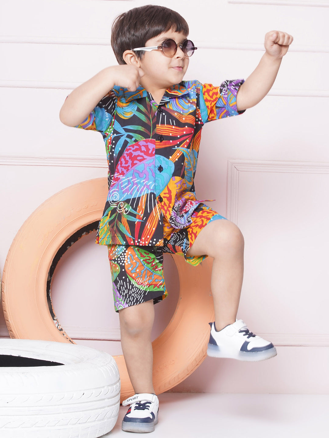 Kids Boys Black Tropical Print Cotton CO-Ords Set