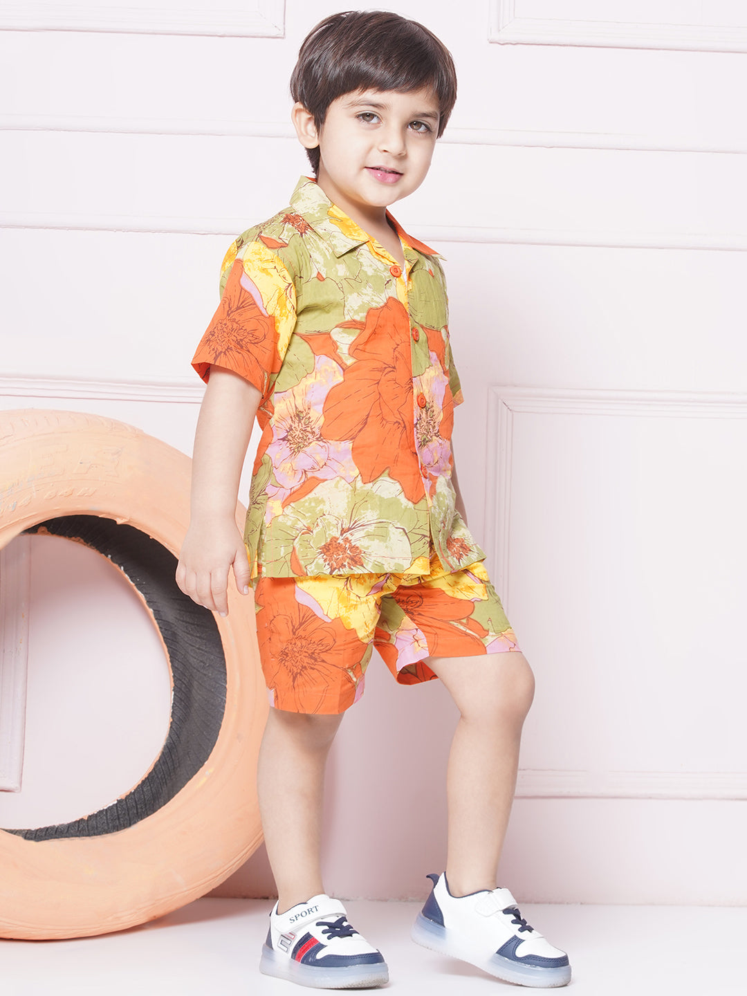 Kids Boys Red Floral Print Cotton CO-Ords Set