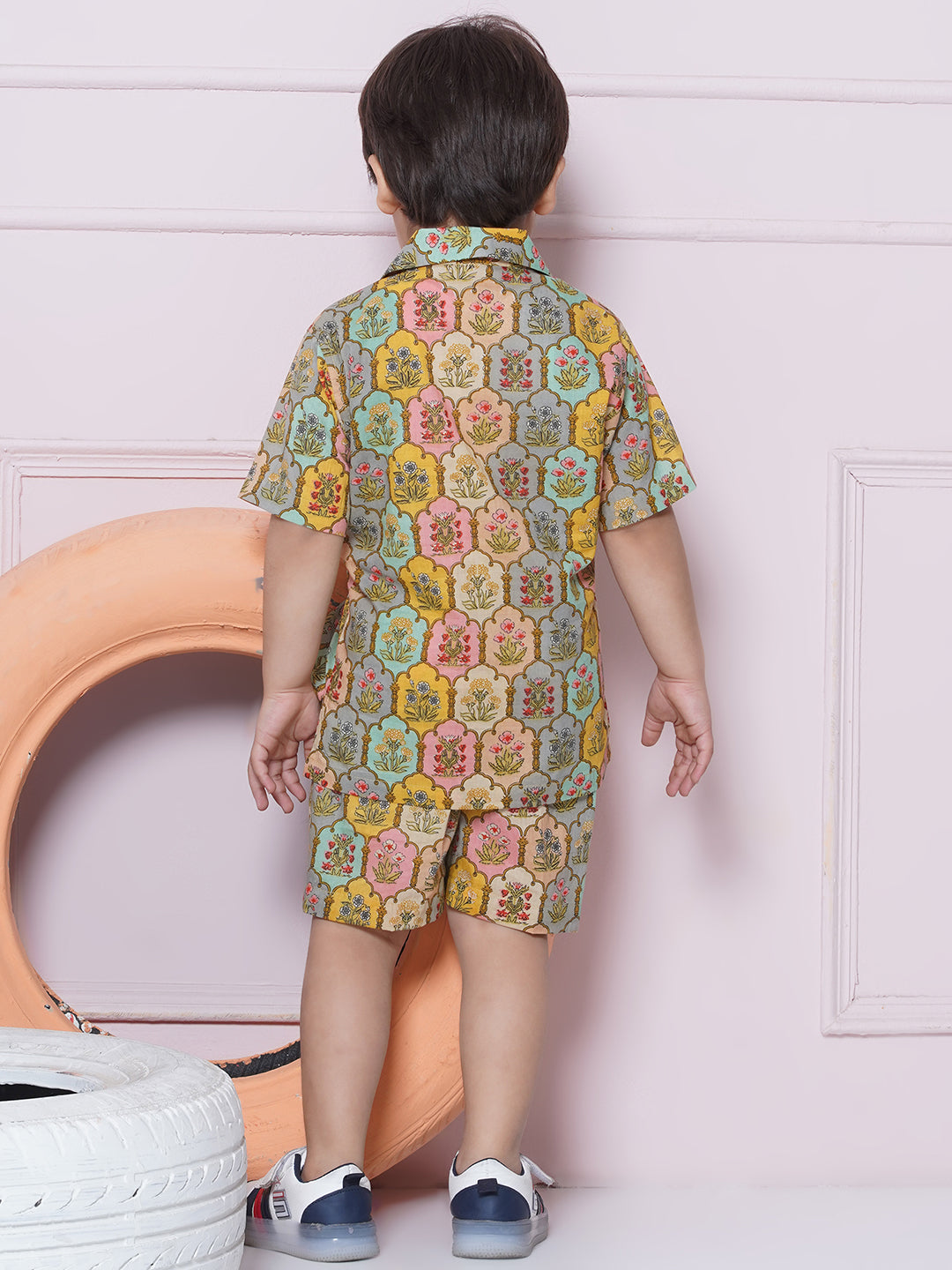 Kids Boys Beige Floral Print Cotton CO-Ords Set