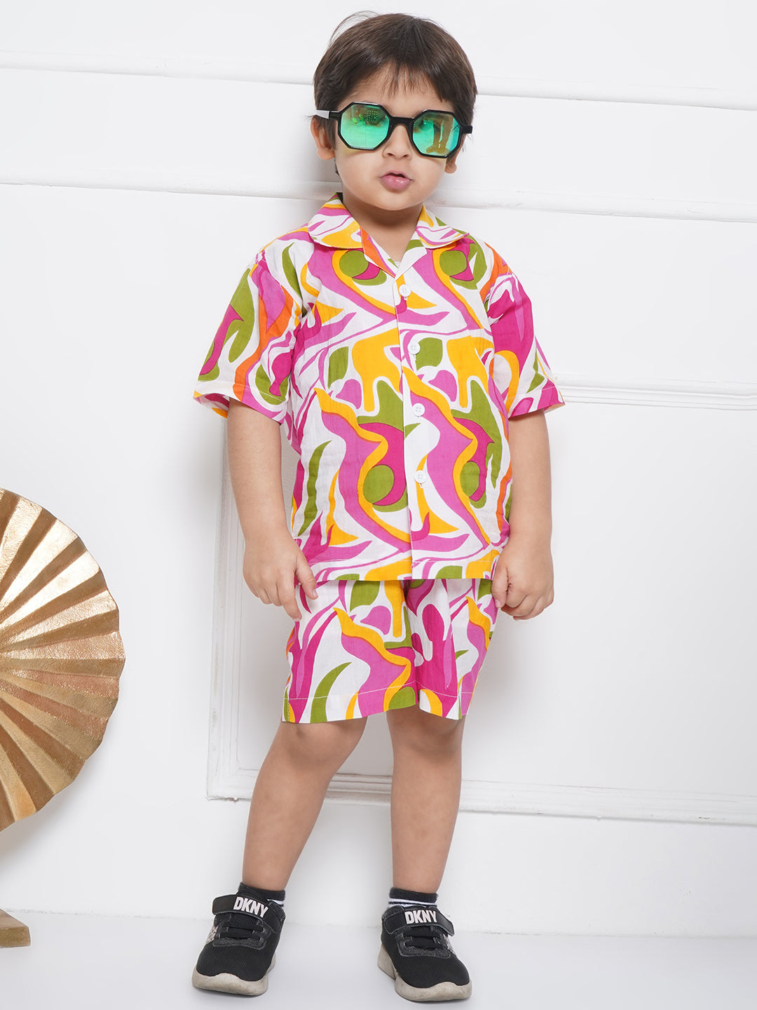 Kids Boys Pink Abstract Print Cotton CO-Ords Set