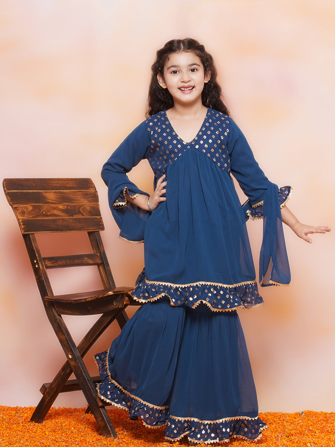 Kids Girls Teal Blue Block Print Georgette Sharara