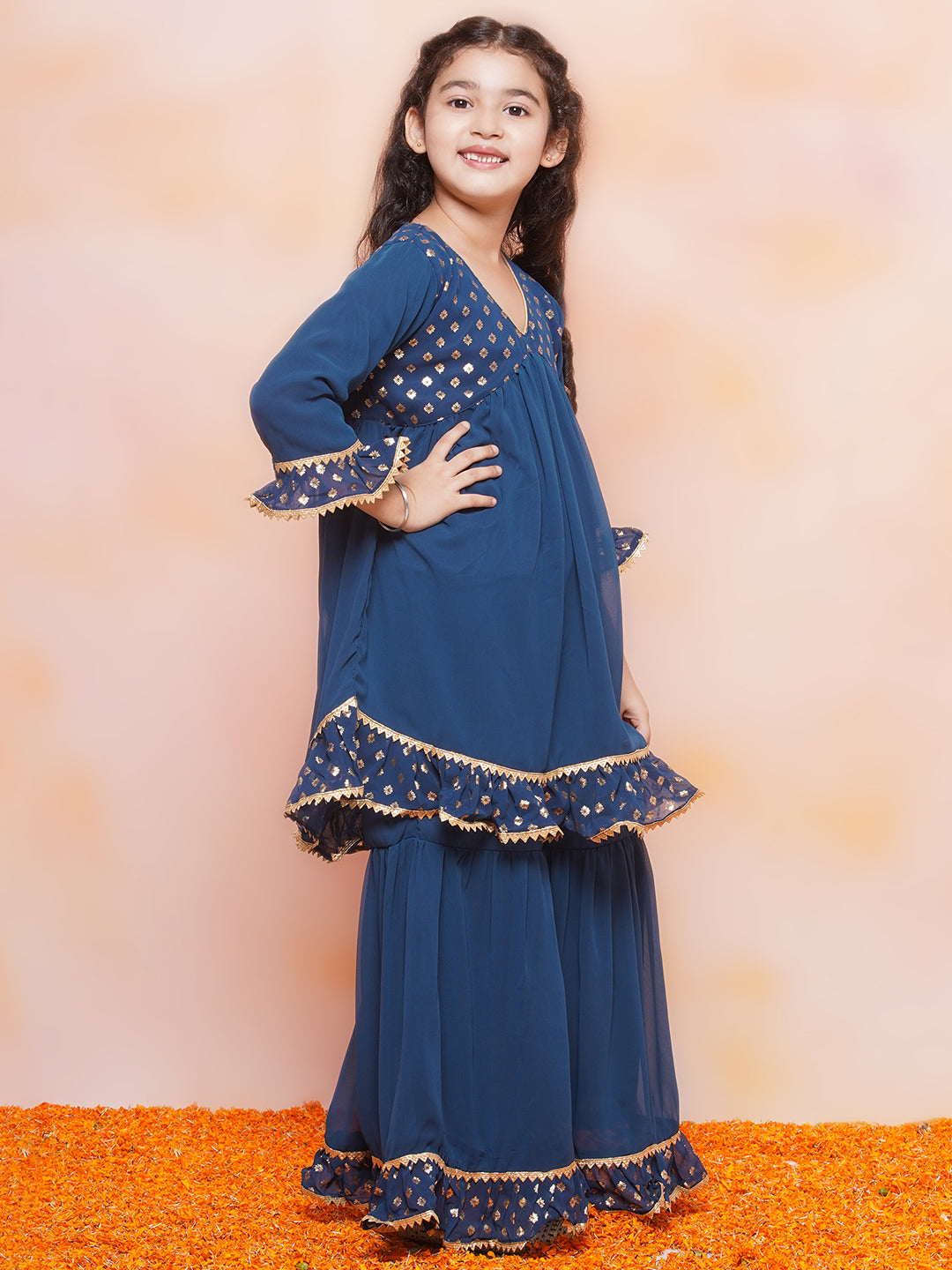 Kids Girls Teal Blue Block Print Georgette Sharara