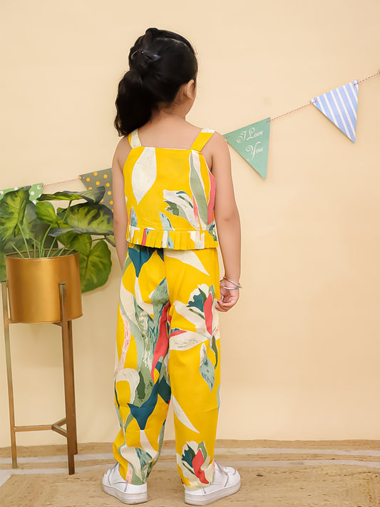 AJ Dezines Yellow Sleeveless Tropical Cotton Co-Ord Sets For Girls
