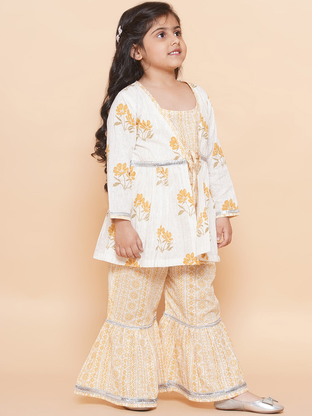Kids Yellow Cotton Floral Printed Kurta Sharara with Shrug Set For Girls