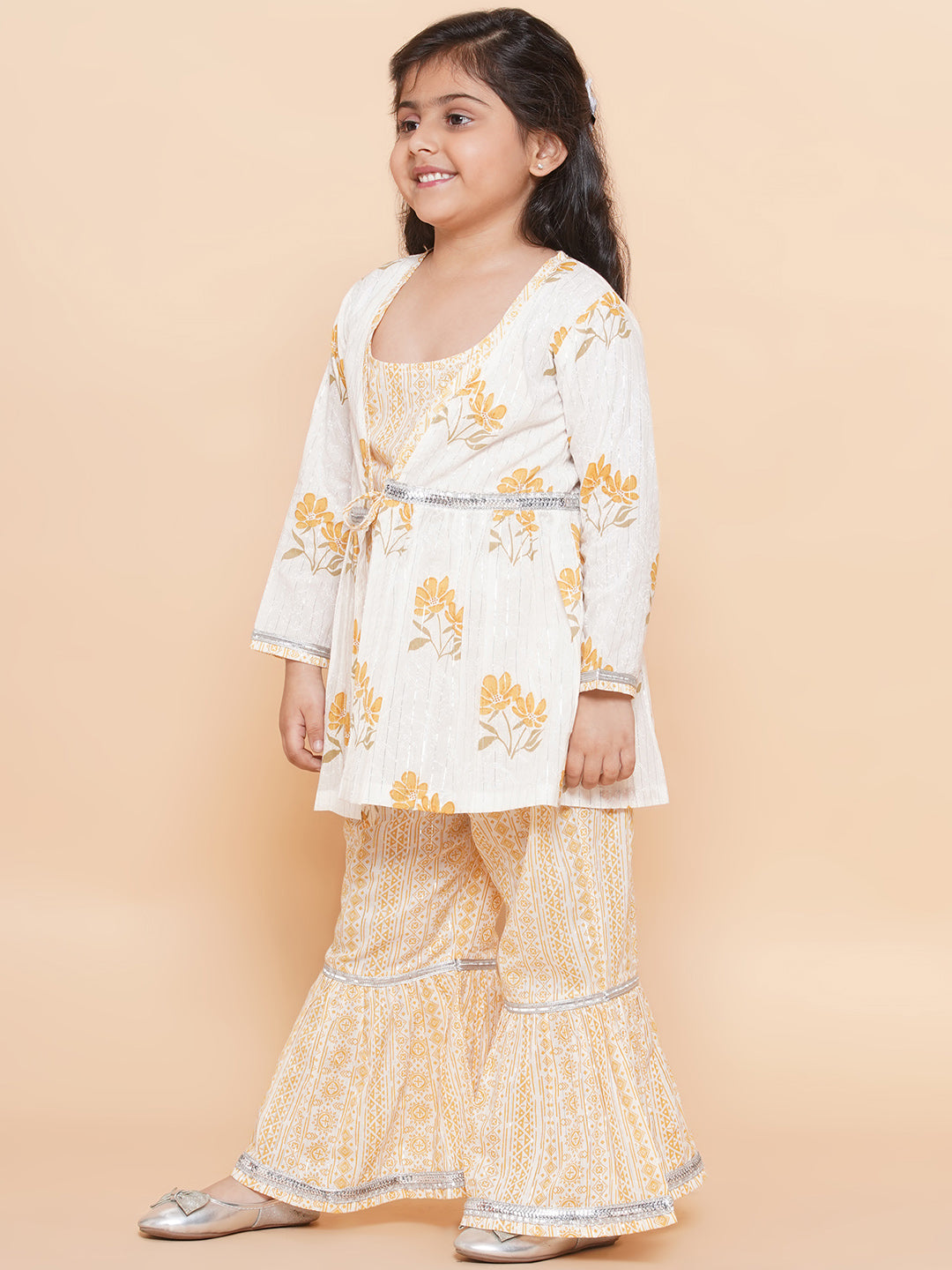 Kids Yellow Cotton Floral Printed Kurta Sharara with Shrug Set For Girls