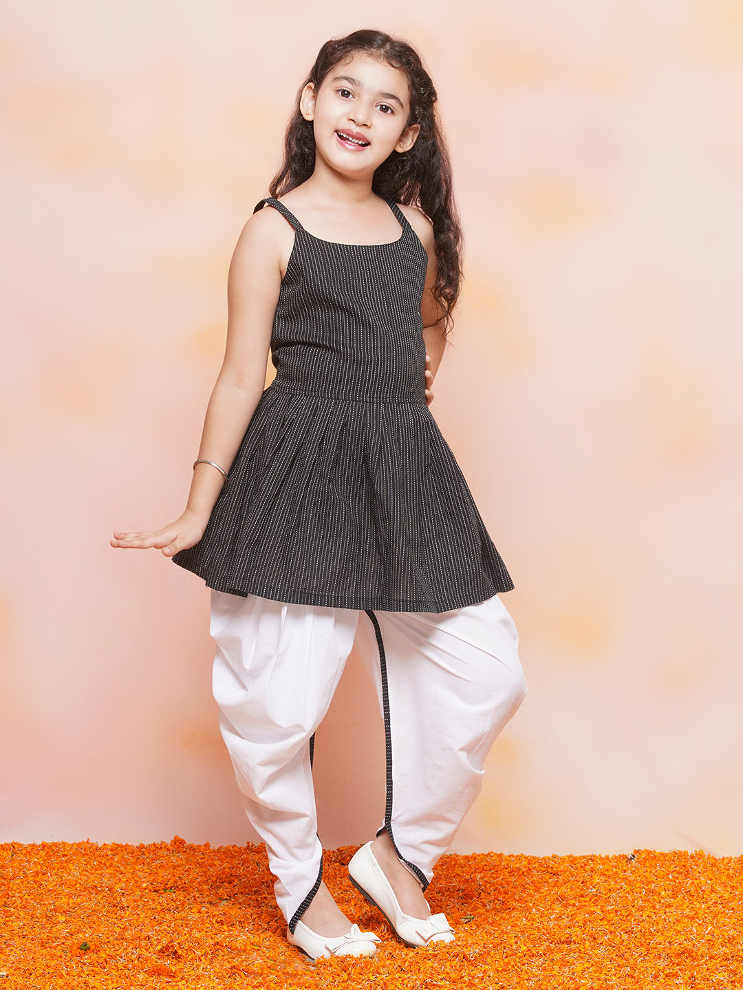 Kids Girls Black Striped Cotton Patiala Suit