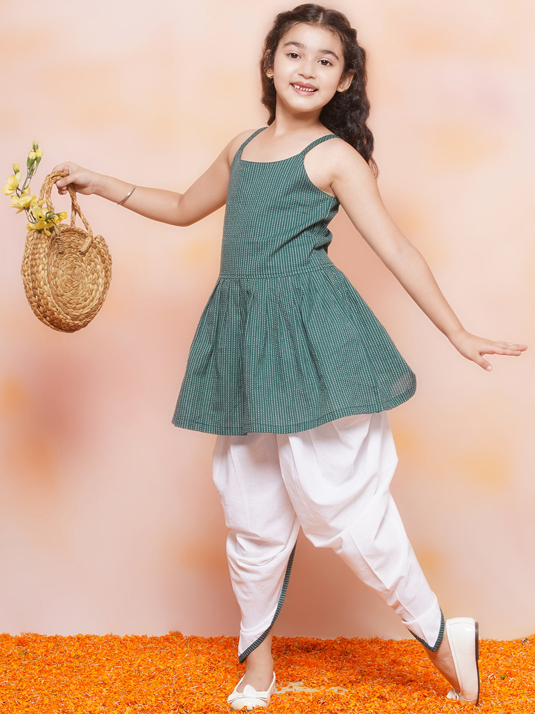 Kids Girls Green Striped Cotton Patiala Suit