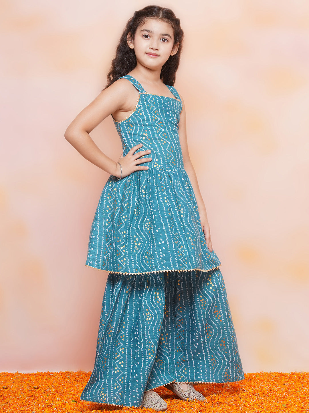 Kids Girls Blue Printed Cotton Sharara