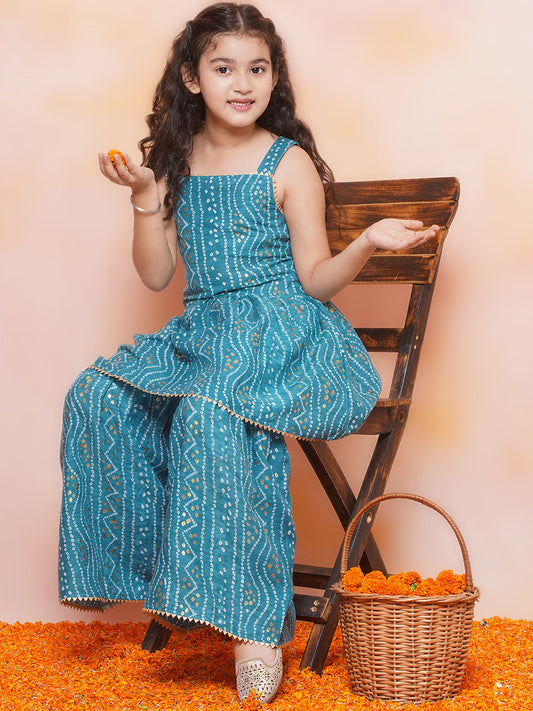 Kids Girls Blue Printed Cotton Sharara