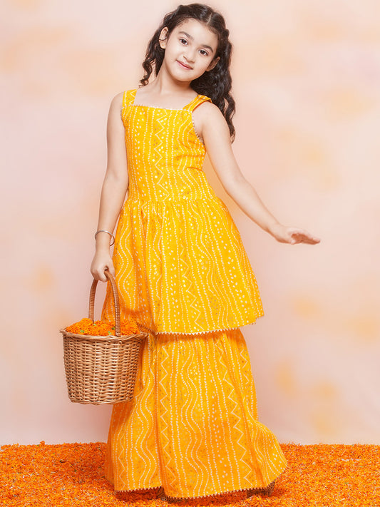 Girls Cotton Bandhani Print Yellow Sleeveless A Line Kurta Sharara Set