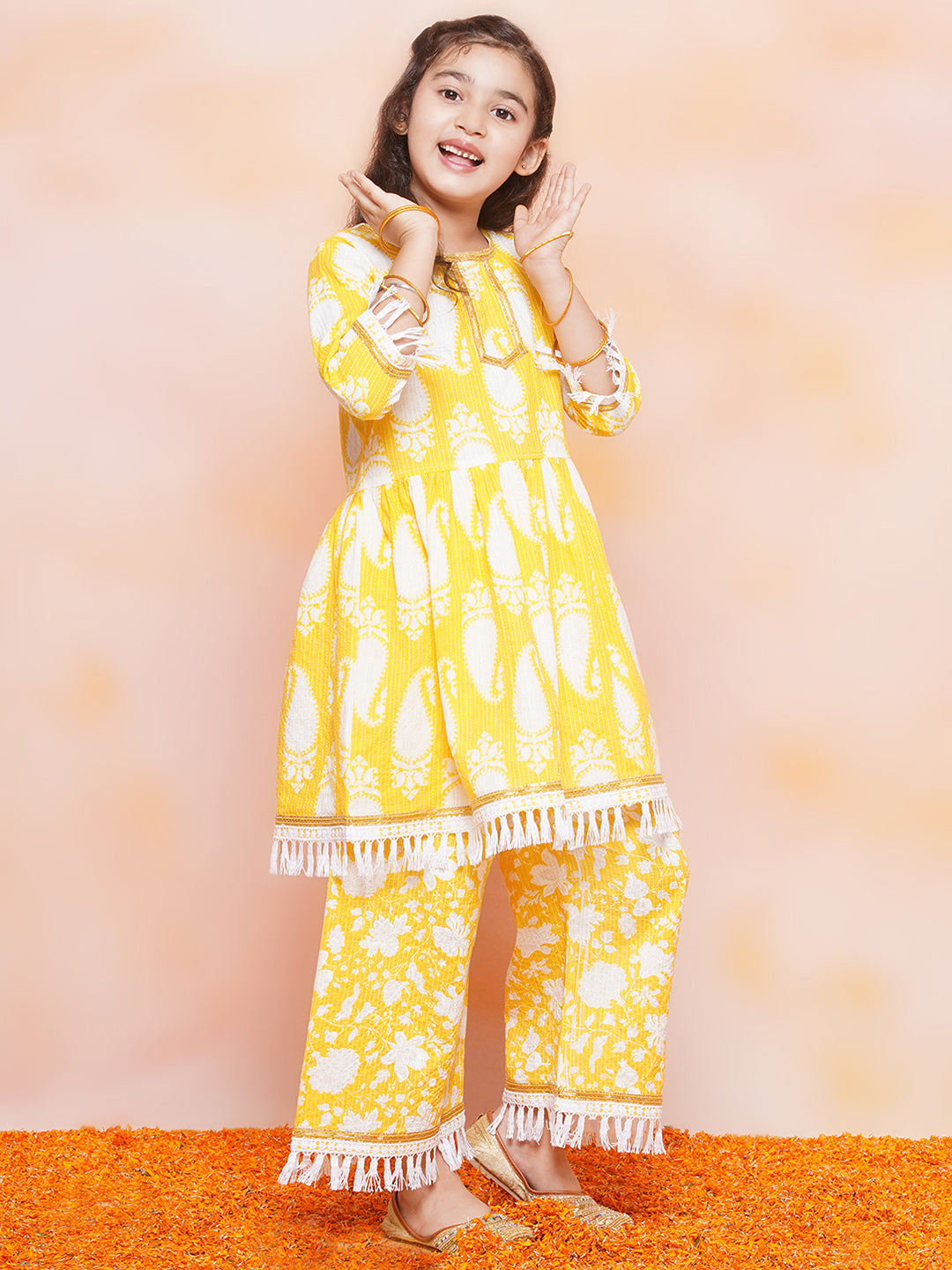 Kids Girls Yellow Floral Print Cotton Sharara