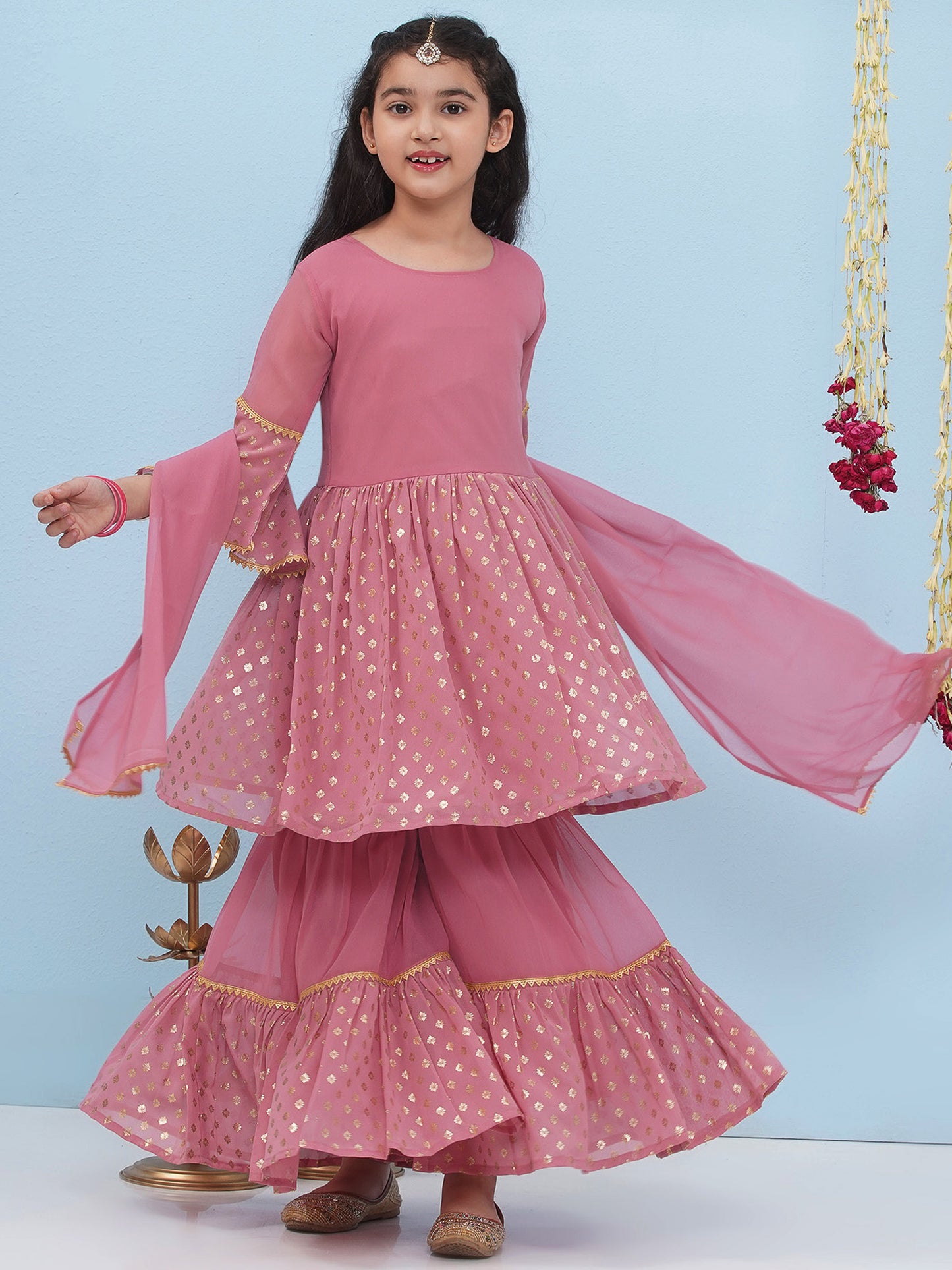 Aj Dezines Pink Georgette Three-Fourth Sleeves Motif Print Sharara Set For Girls