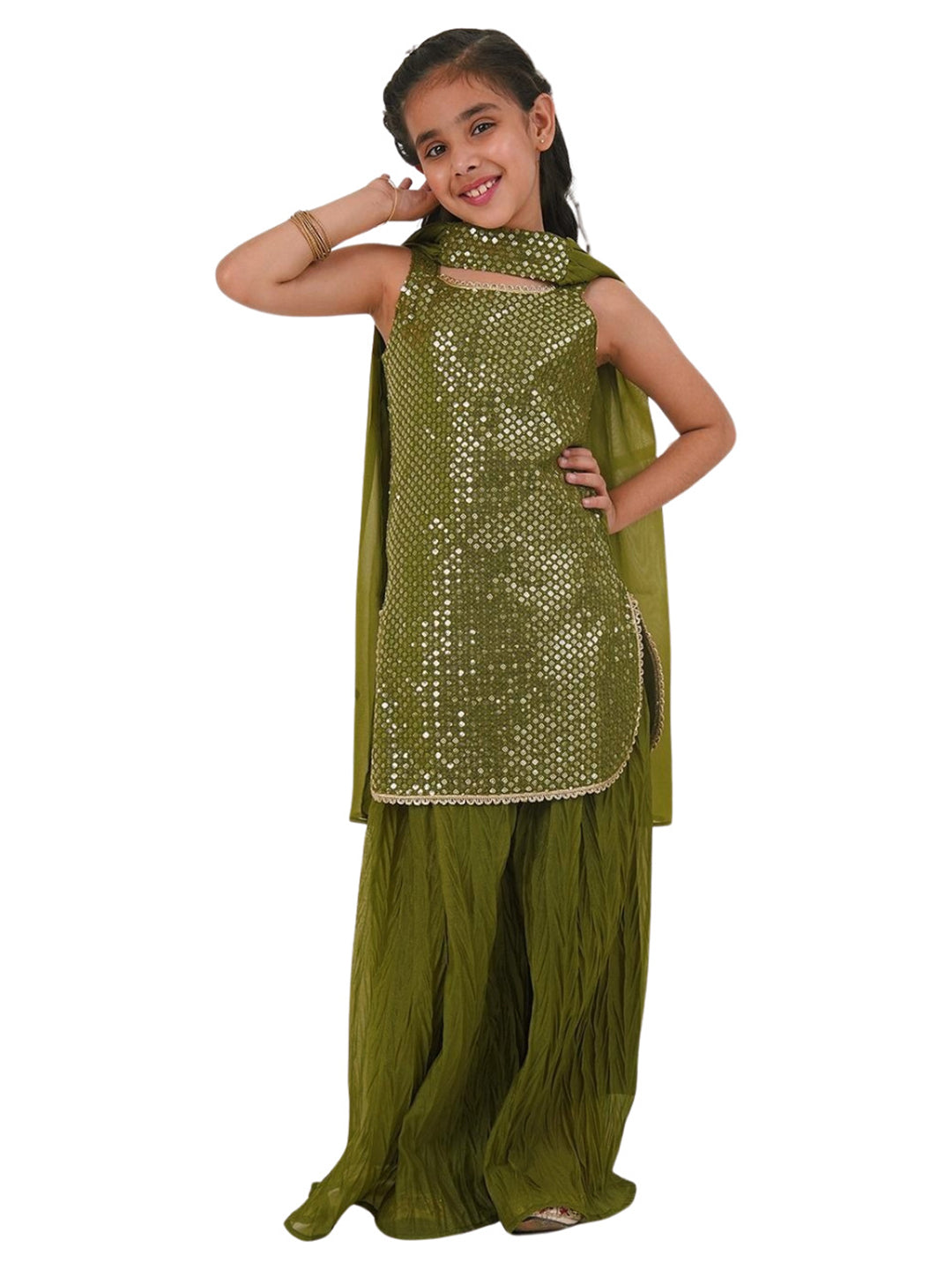 AJ Dezines Green Gorgette Sleeveless All Over Sequins Embroidered Girls Suit Set