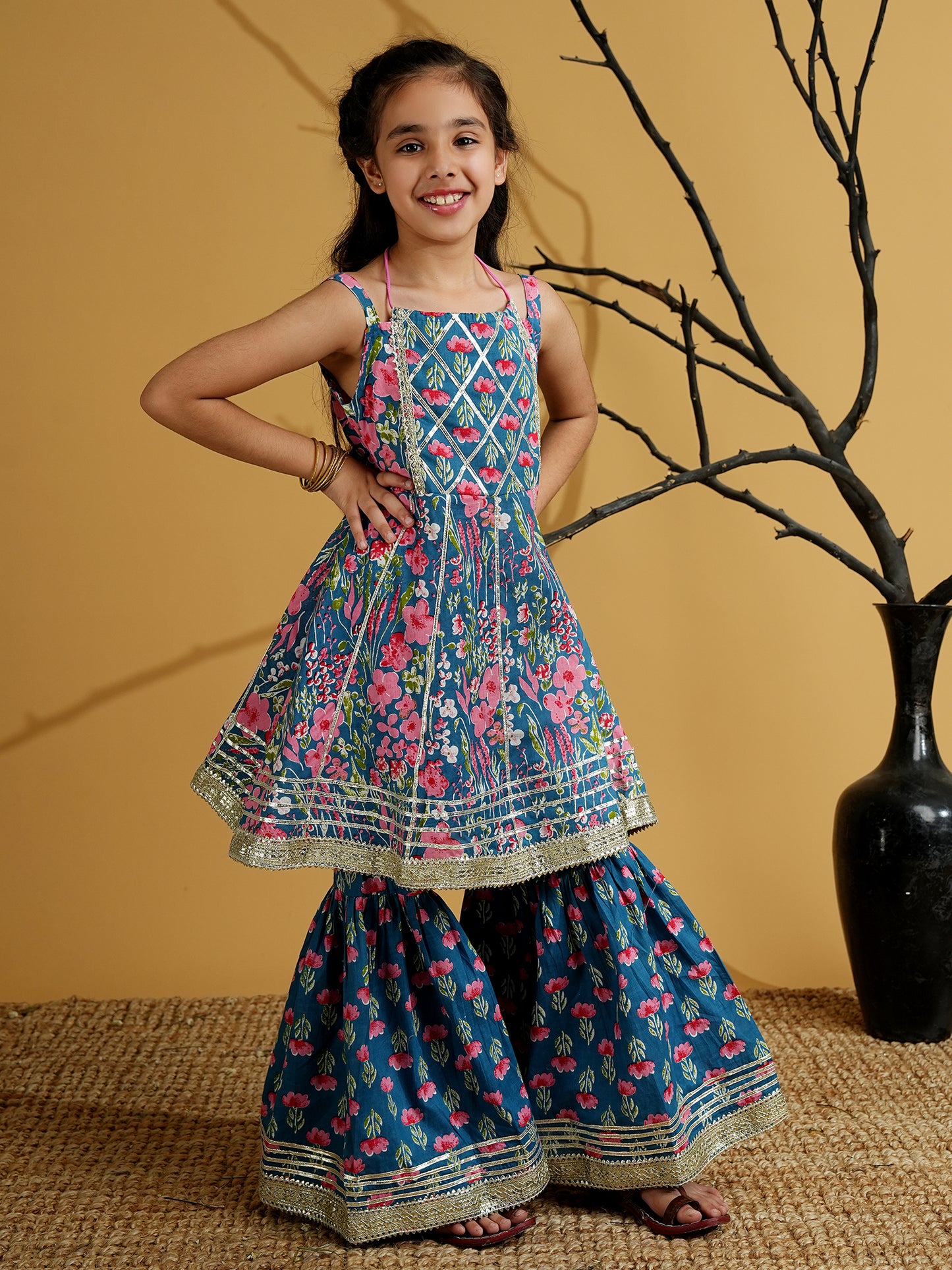 Aj Dezines Blue Cotton Sleeveless Floral Print Girls Kurti and Sharara Set with Gotta Work