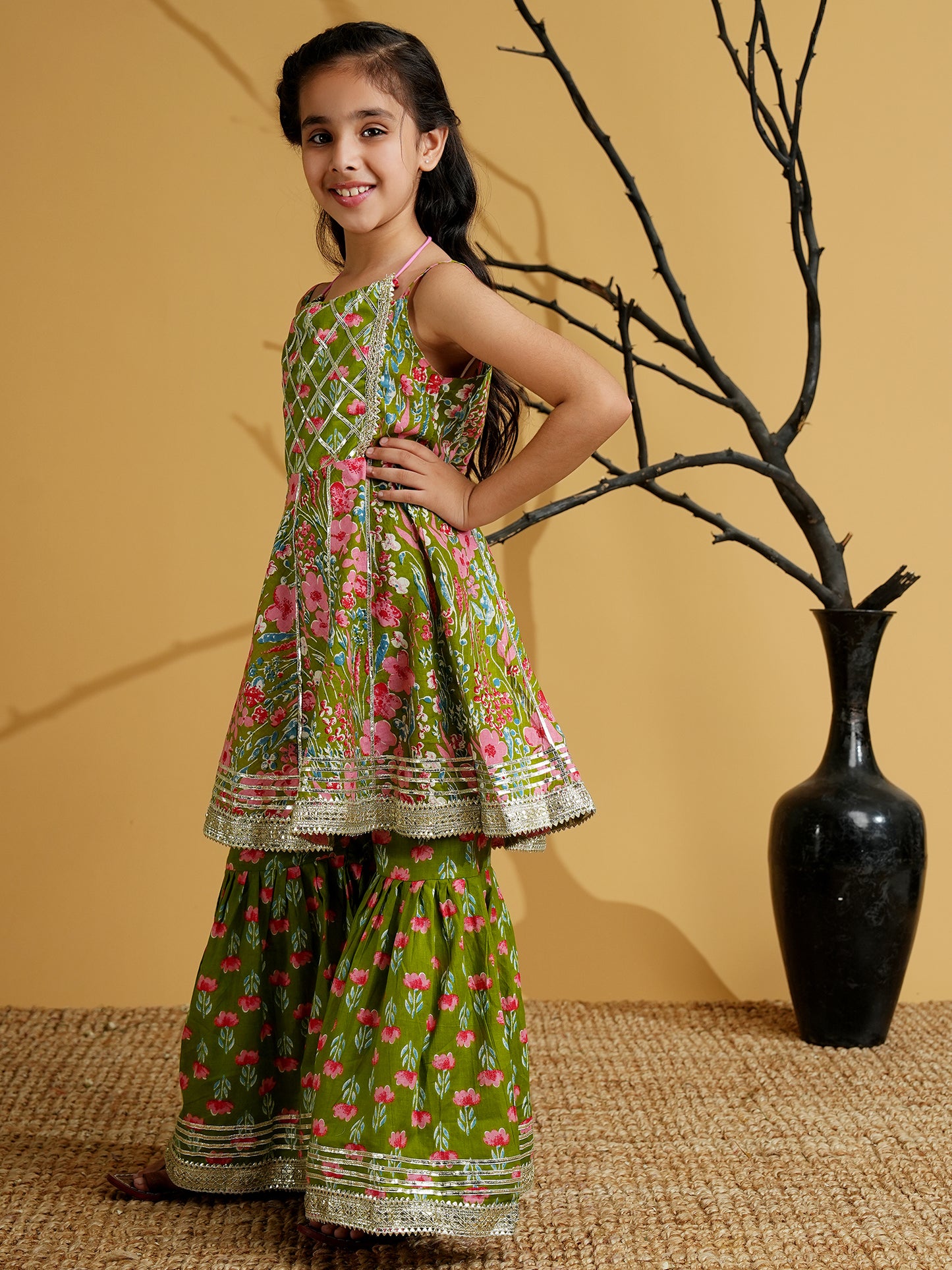 Aj Dezines Green Cotton Sleeveless Floral Print Girls Kurti and Sharara Set with Gotta Work