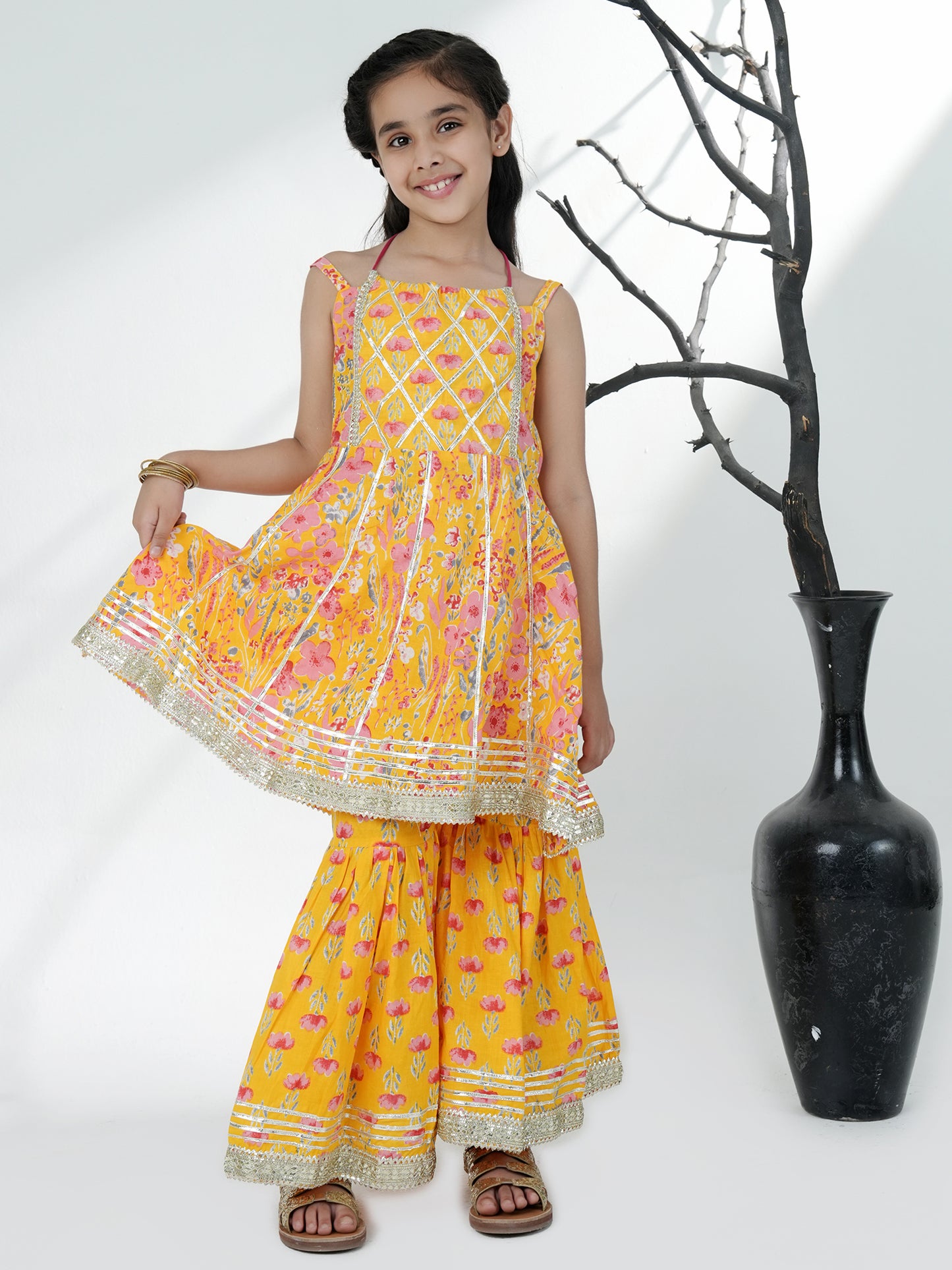 Aj Dezines Yellow Cotton Sleeveless Floral Print Girls Kurti and Sharara Set with Gotta Work