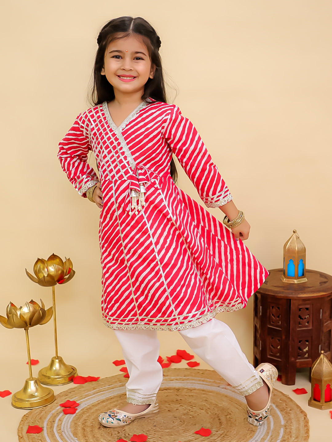 AJ Dezines Red Cotton 3/4th Sleeves Leheriya Print Girls Suit Set