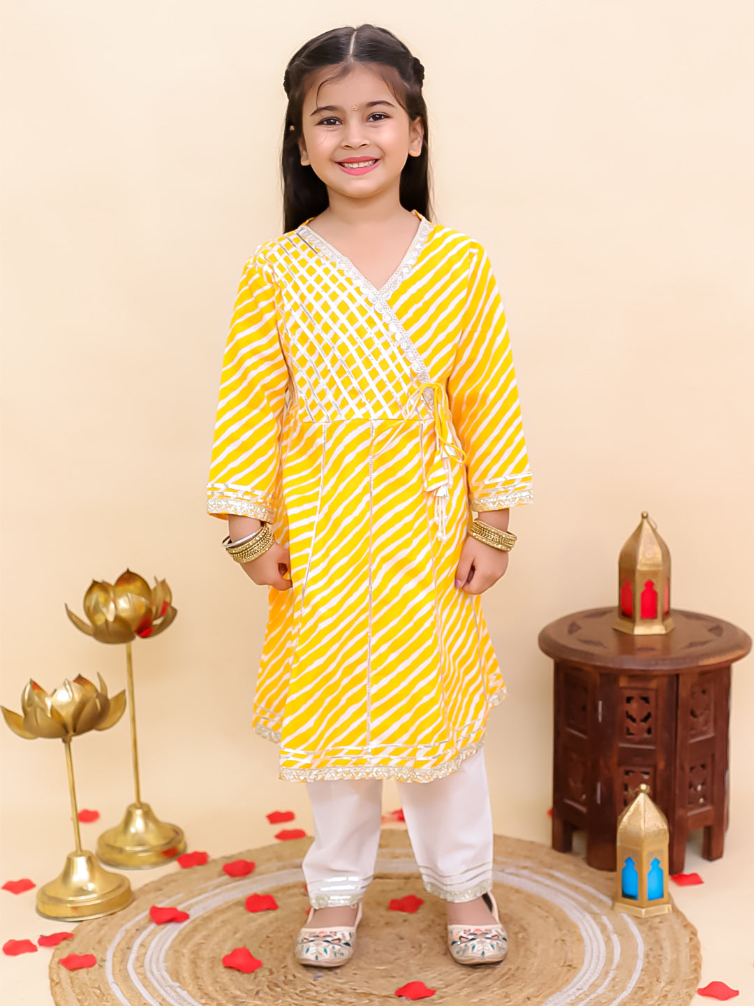 AJ Dezines Yellow Cotton 3/4th Sleeves Leheriya Print Girls Suit Set