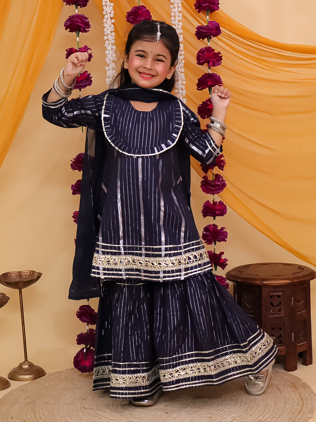 Girls Dark Blue Cotton Sleeveless Lurex and Gotta Work Girls Suit Set