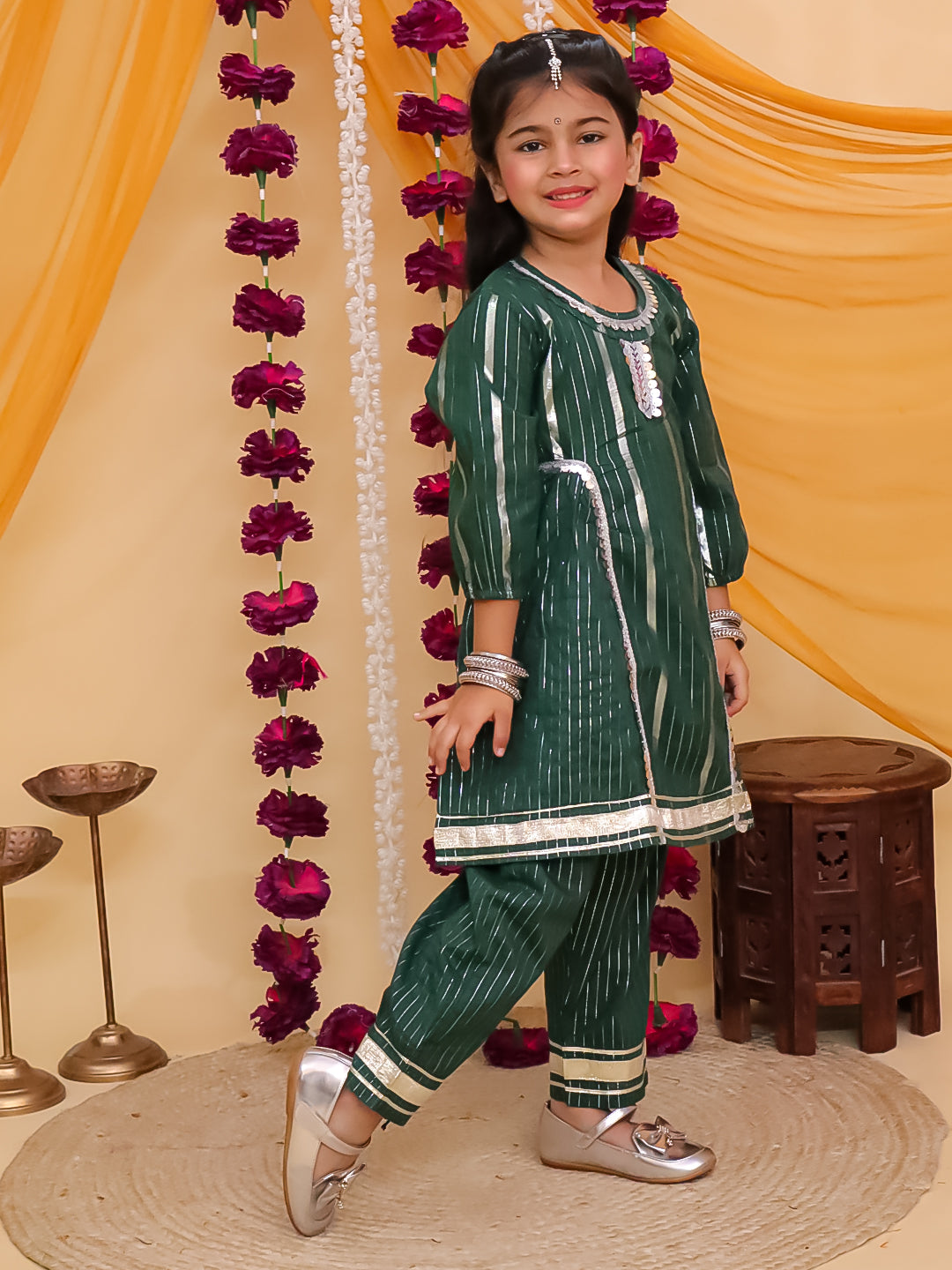 Dark Green Cotton Sleeveless Lurex and Gotta Work Girls Suit Set