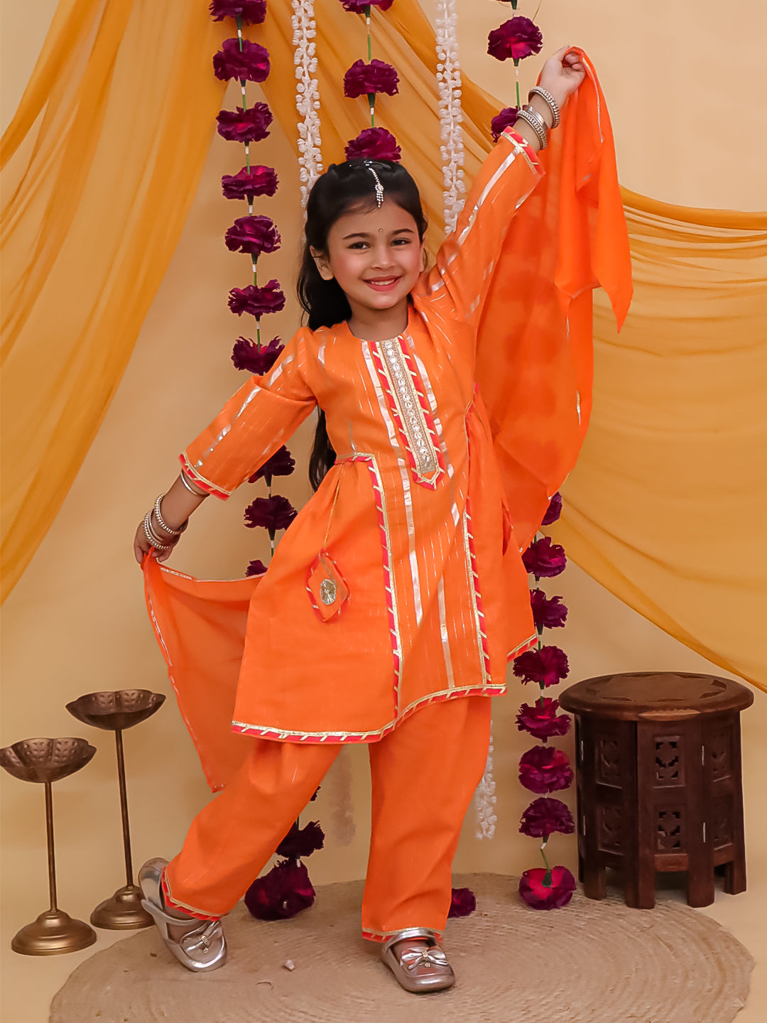 Girls Orange Cotton Sleeveless Lurex and Gotta Work Girls Suit Set