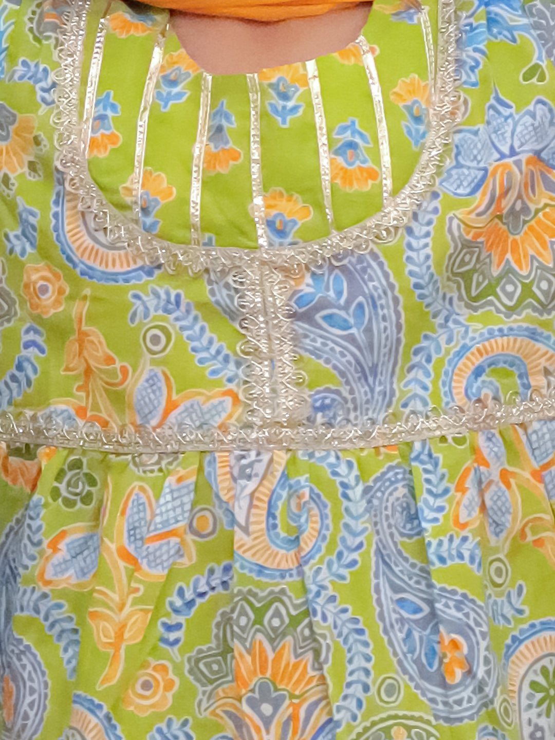 Girls Green Cotton Three-Fourth Sleeves Floral Printed Girls Suit Set