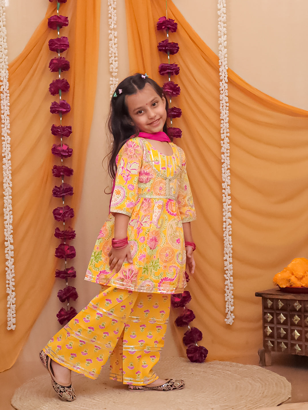 Girls Yellow Cotton Three-Fourth Sleeves Floral Printed Girls Suit Set