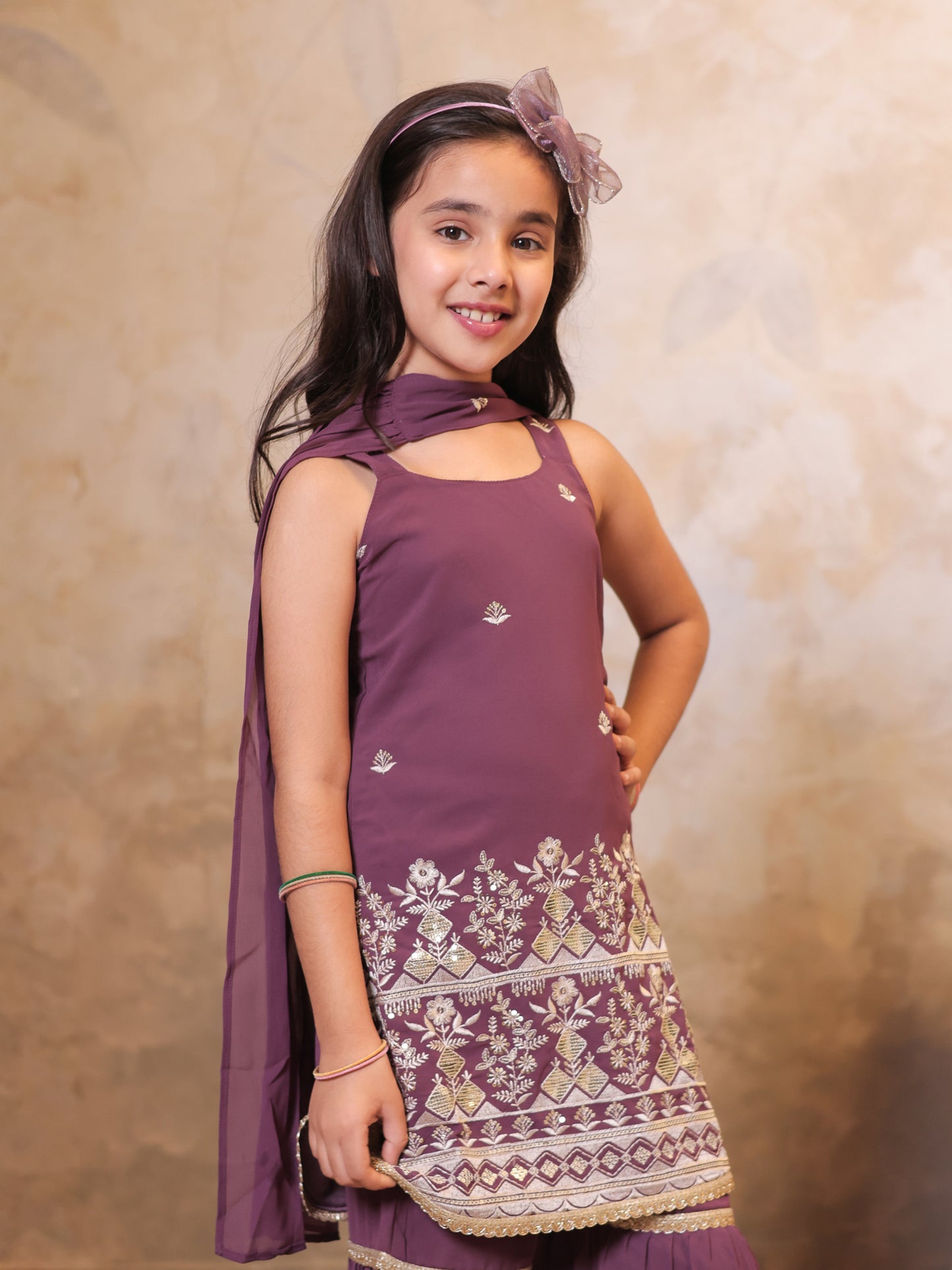 Girls Wine Georgette Sleeveless Heavy Embroidered Girls Sharara Set