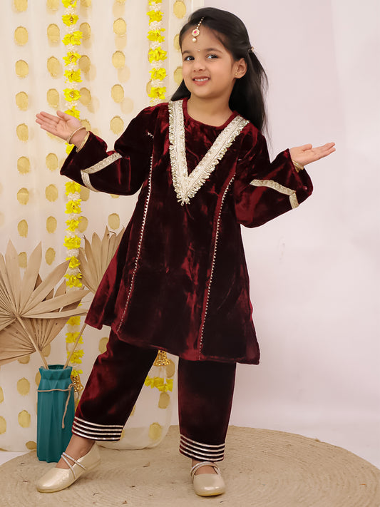 AJ Dezines Maroon Velvet Full Sleeves Solid Girls Suit Set