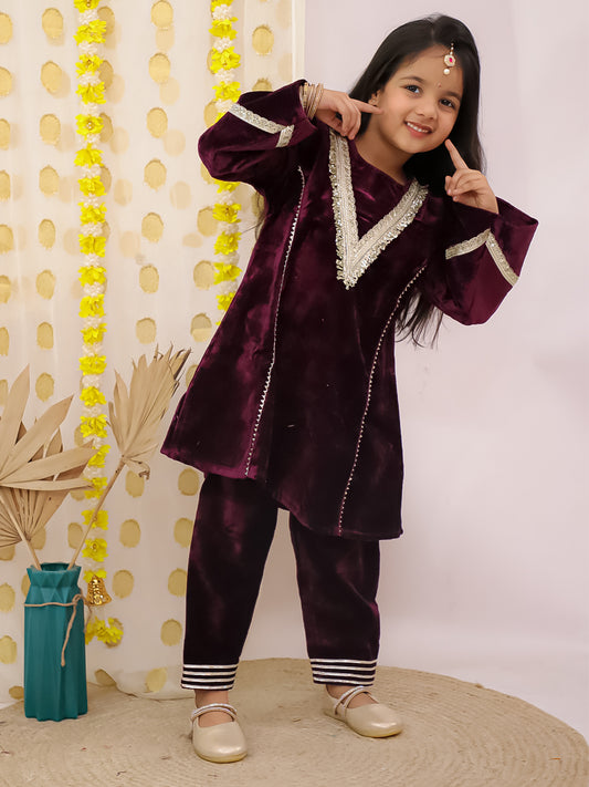 AJ Dezines Purple Velvet Full Sleeves Solid Girls Suit Set