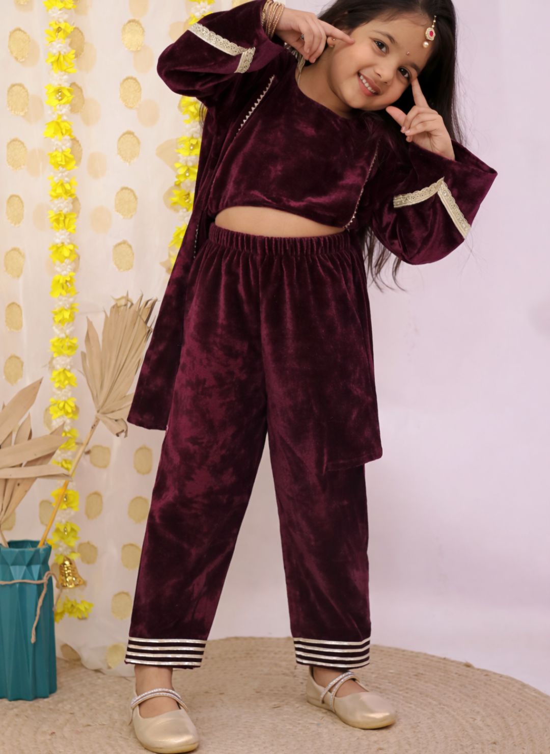 AJ Dezines Purple Velvet Full Sleeves Solid Girls Suit Set