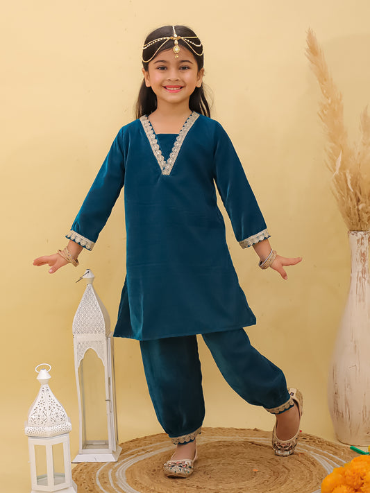 AJ Dezines Turquoise Velvet 3/4th Sleeves Solid Girls Suit Set