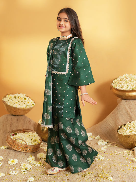 Dark Green Polka Dots and Floral Print Silk blend Kurti Palazzo and Dupatta For Girls