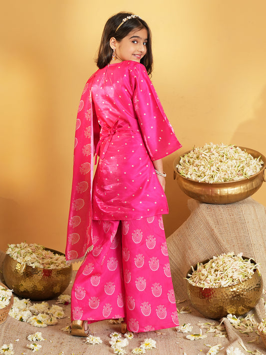 Pink Polka Dots and Floral Print Silk blend Kurti Palazzo and Dupatta For Girls
