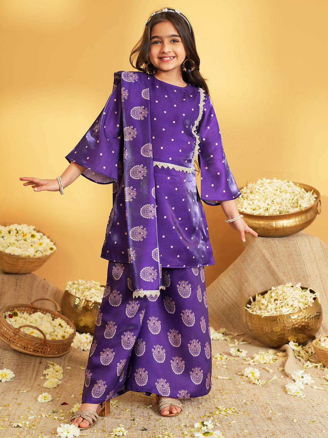 Purple Polka Dots and Floral Print Silk blend Kurti Palazzo and Dupatta For Girls