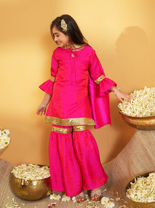 Pink Solid with Lace Work Silk blend Kurti Sharara and Dupatta For Girls