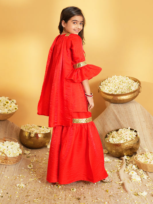 Red Solid with Lace Work Silk blend Kurti Sharara and Dupatta For Girls