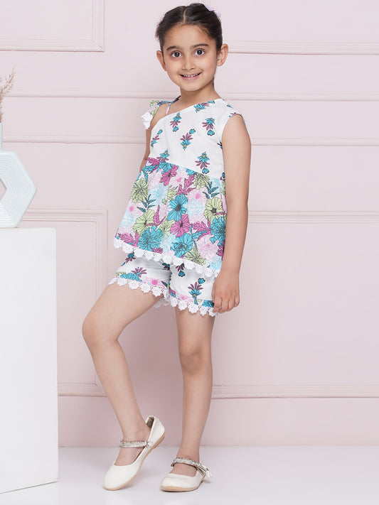 Kids Girls Firozi Floral Print Cotton CO-Ords Set