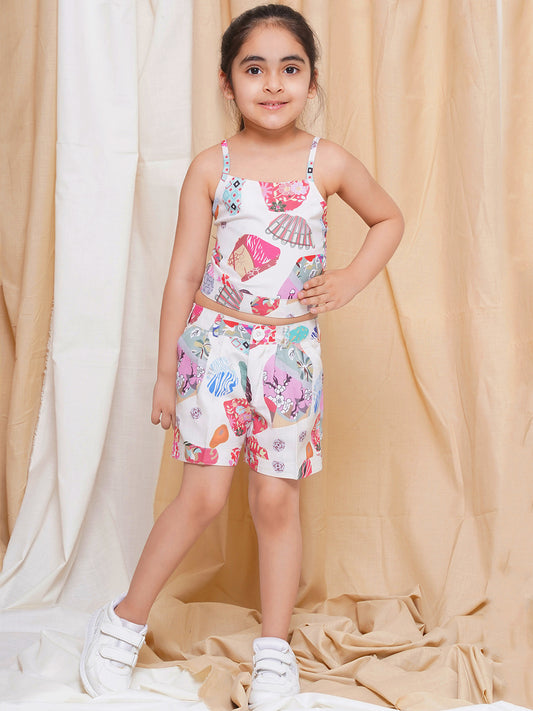 Kids Girls Multi Color Printed Cotton CO-Ords Set