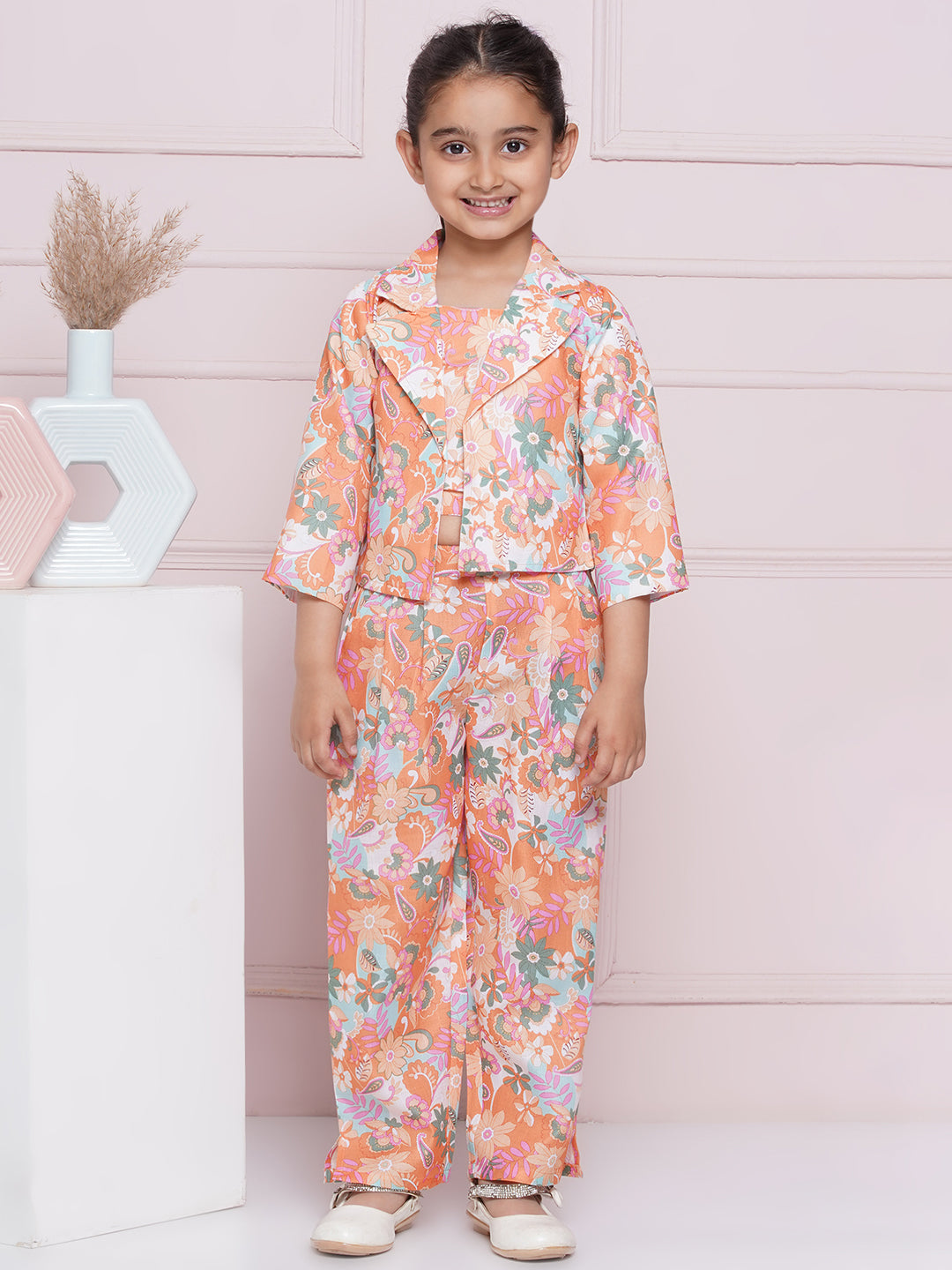 Kids Girls Orange Printed Cotton CO-Ords Set