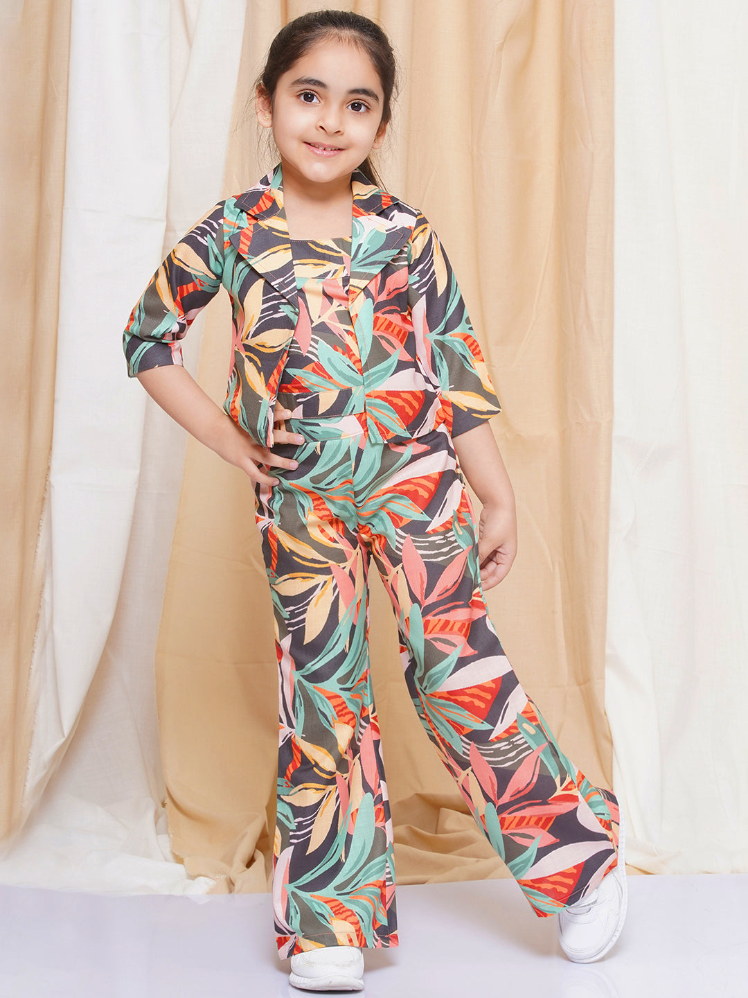 AJ Dezines Three Fourth sleeves Multi Color Printed Cotton Top Pant and Jacket for Girls