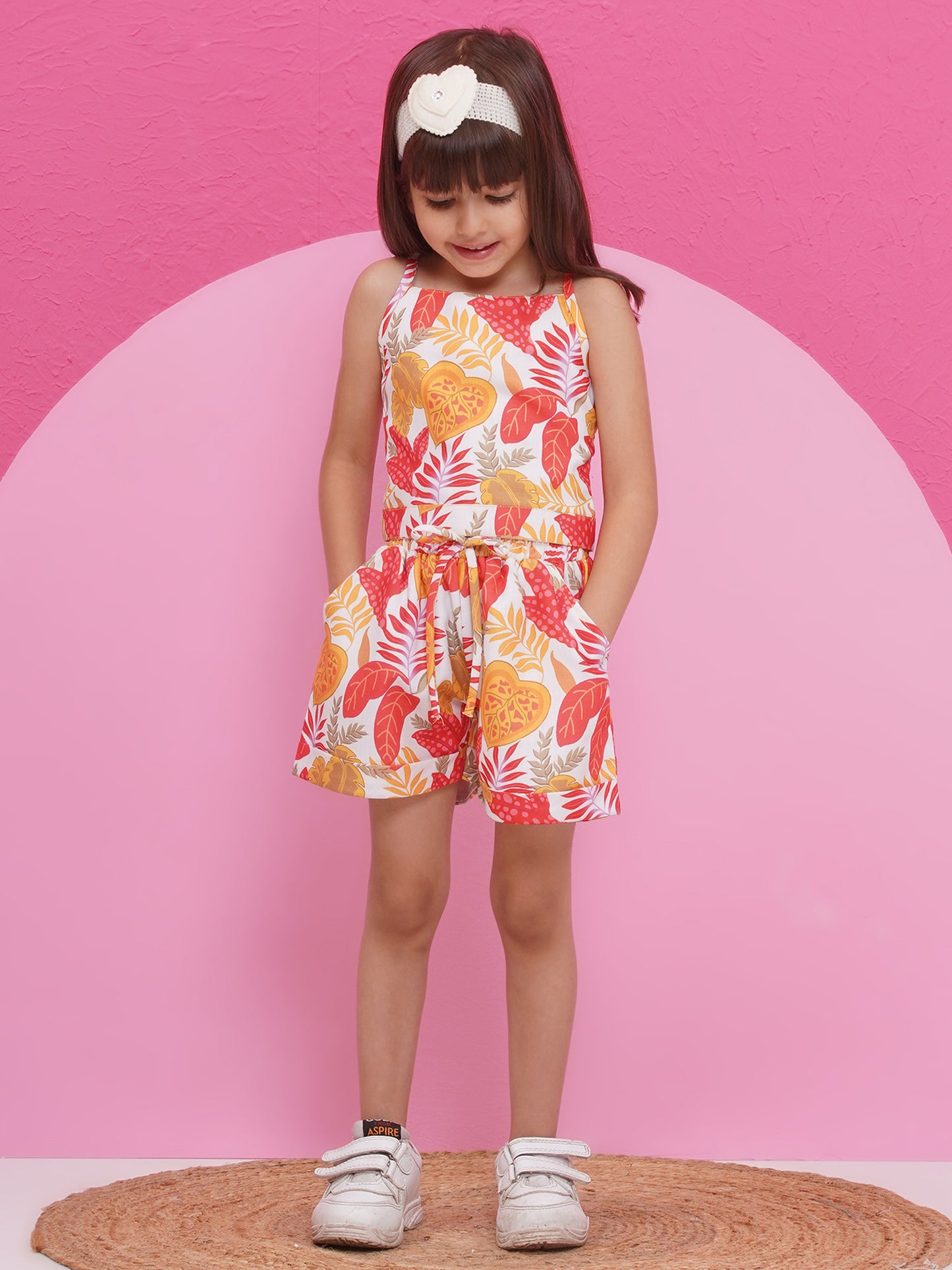 Aj Dezines Multi-Color Pure Cotton Sleeveless Floral Print Half Pant And Jacket Co-Ords Set For Girls