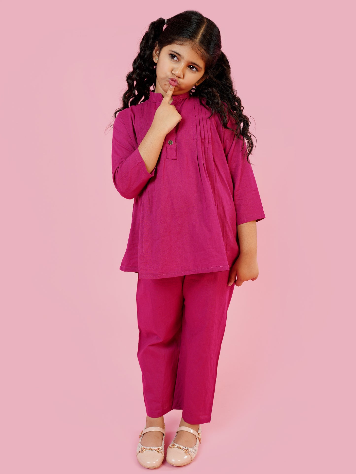 AJ Dezines Dark Pink Pure Cotton 3-4th Sleeves Solid Girls Co-Ords