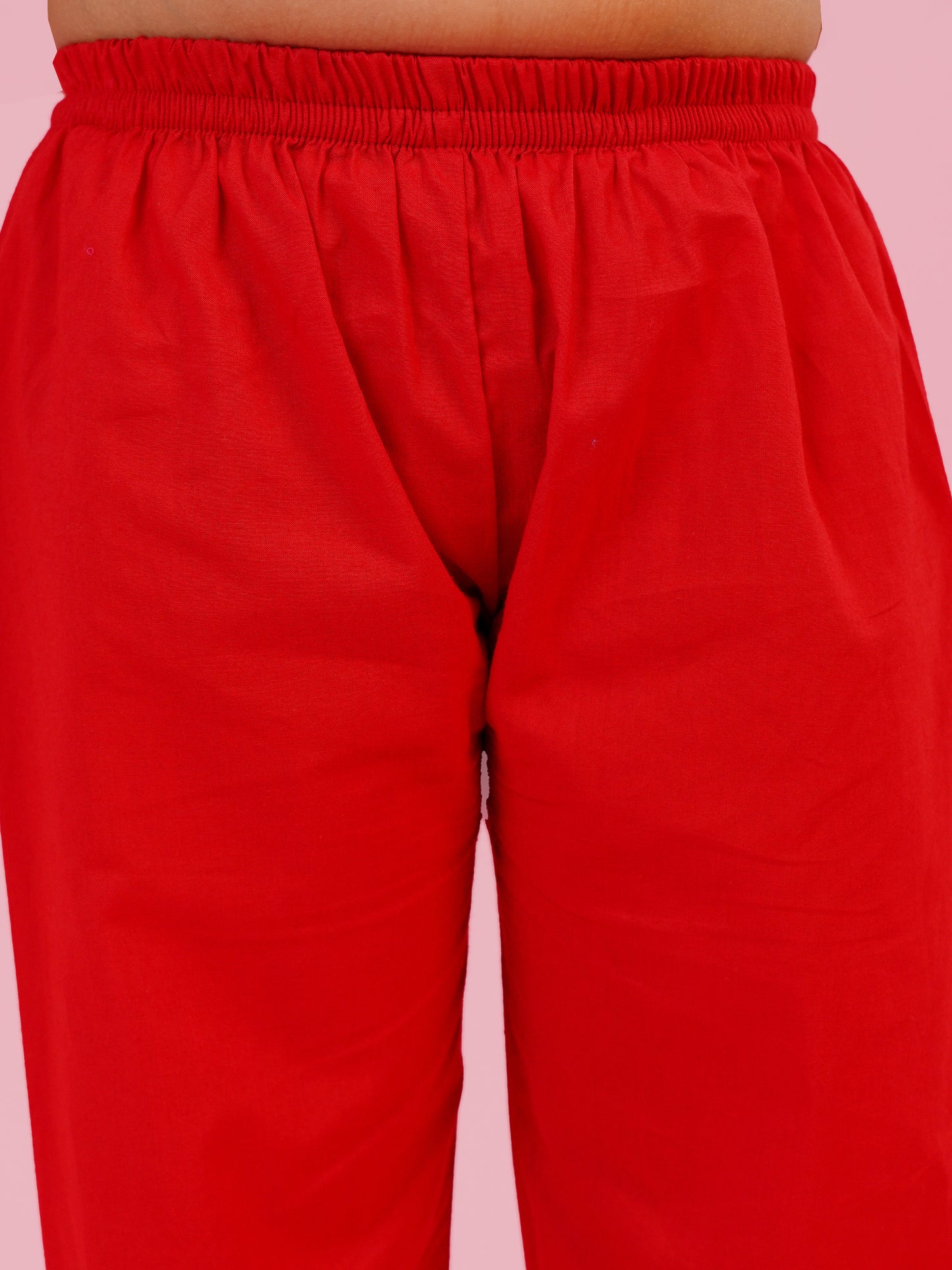 AJ Dezines Red Pure Cotton 3-4th Sleeves Solid Girls Co-Ords