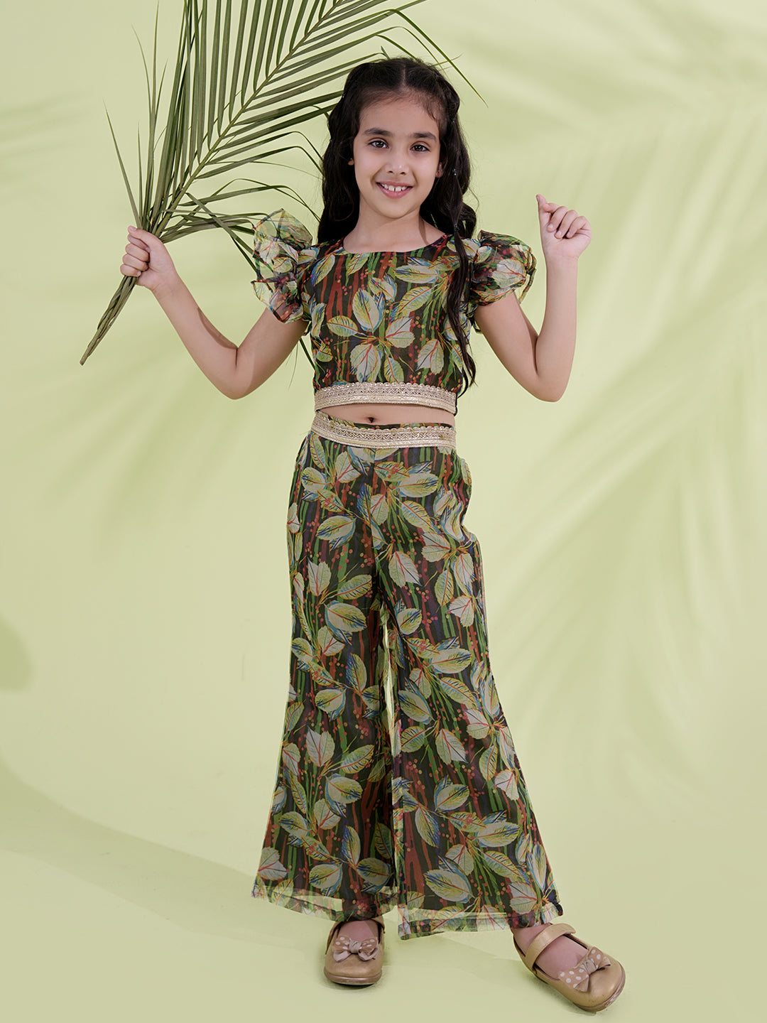 AJ Dezines Green Organza Half Sleeves Printed Girls Co-Ords