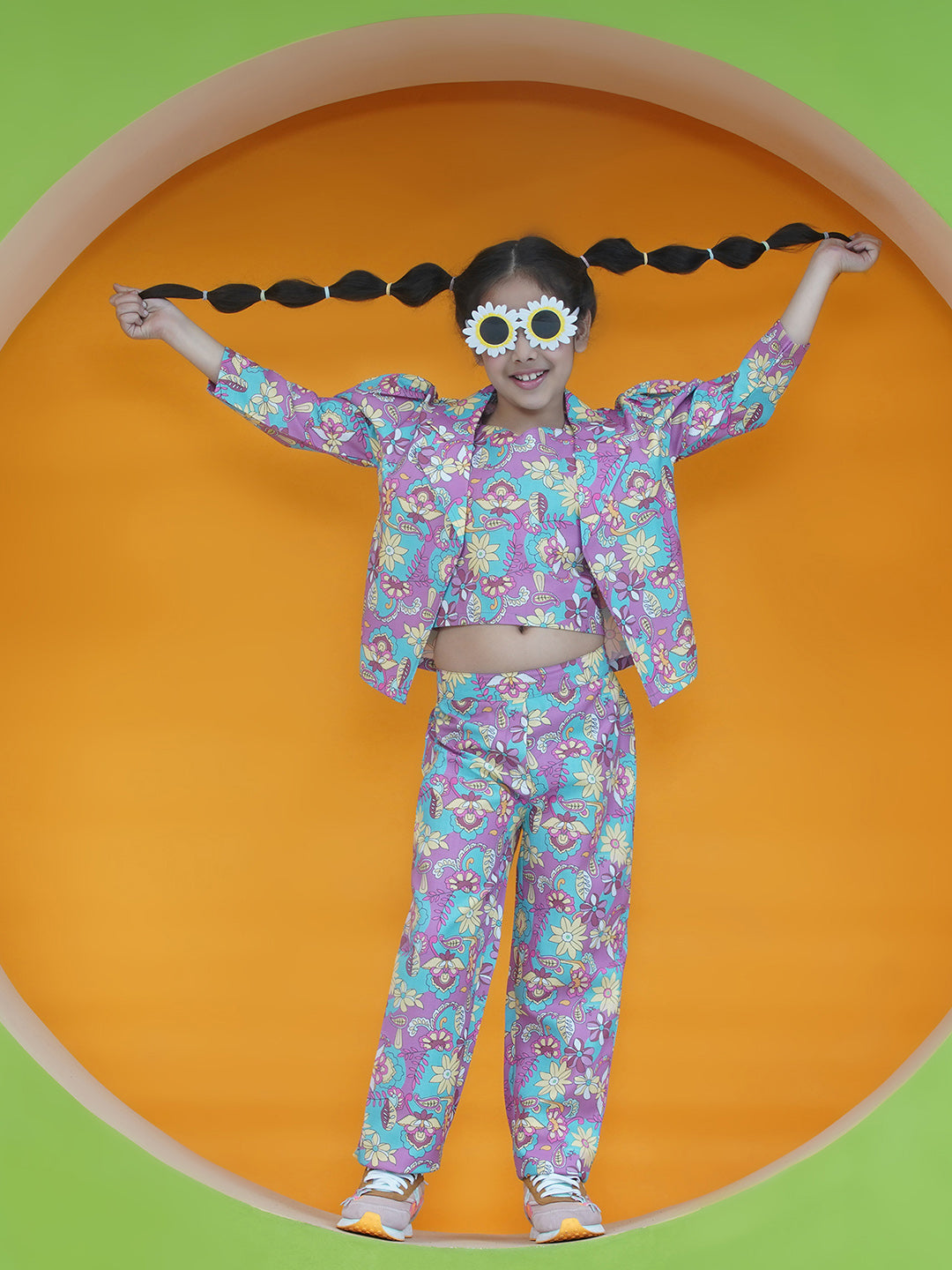 Aj Dezines Blue Cotton 3/4th Sleeves Floral Print Girls Co-Ords for Girls