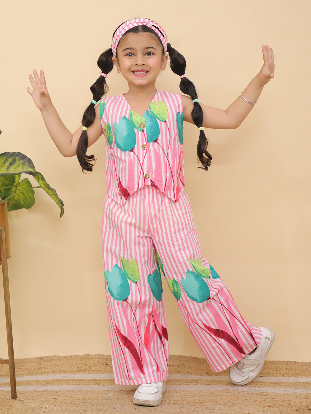 AJ Dezines Pink Sleeveless Floral Cotton Co-Ord Sets For Girls