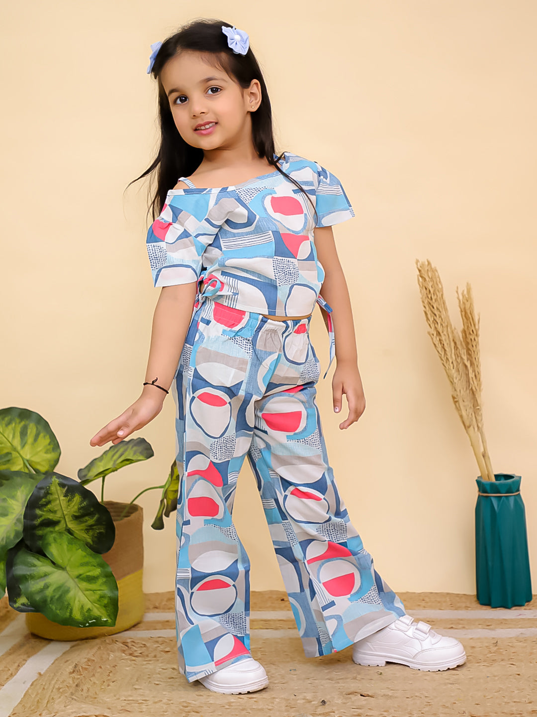 AJ Dezines Blue Half Sleeves Abstract Cotton Co-Ord Sets For Girls