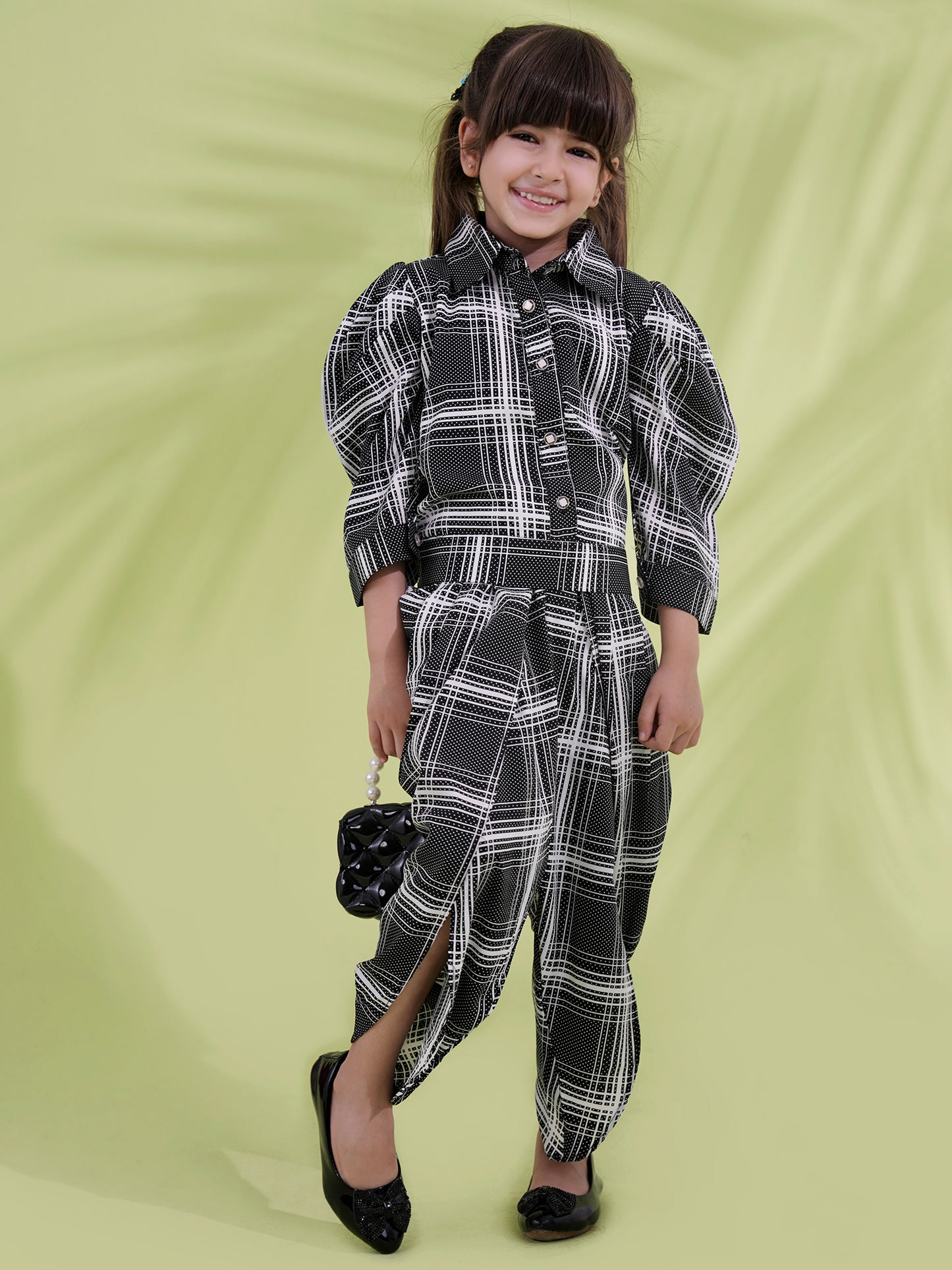 AJ Dezines Black Cotton Blend 3-4th Sleeves Check Print Girls Co-Ords